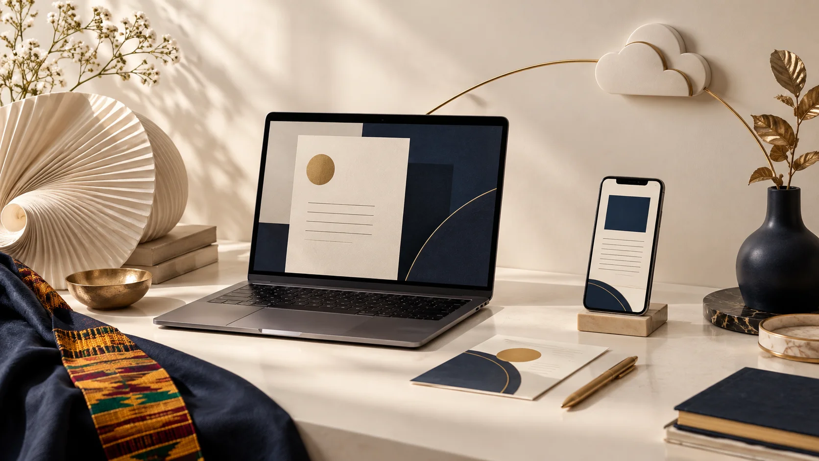 A phone and laptop displaying matching abstract documents beneath a gold arc and cloud sculpture.