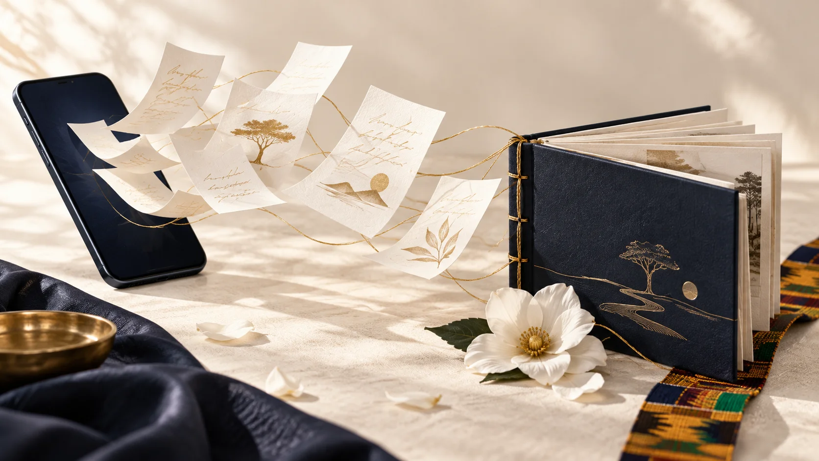 Ivory tribute notes connected by gold threads from a phone to a navy memory booklet.